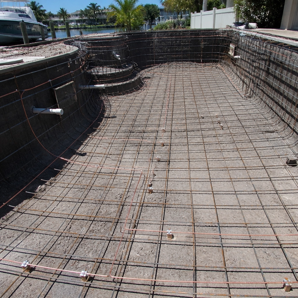 Close-up of a solid copper equipotential bonding grid being installed around a pool shell