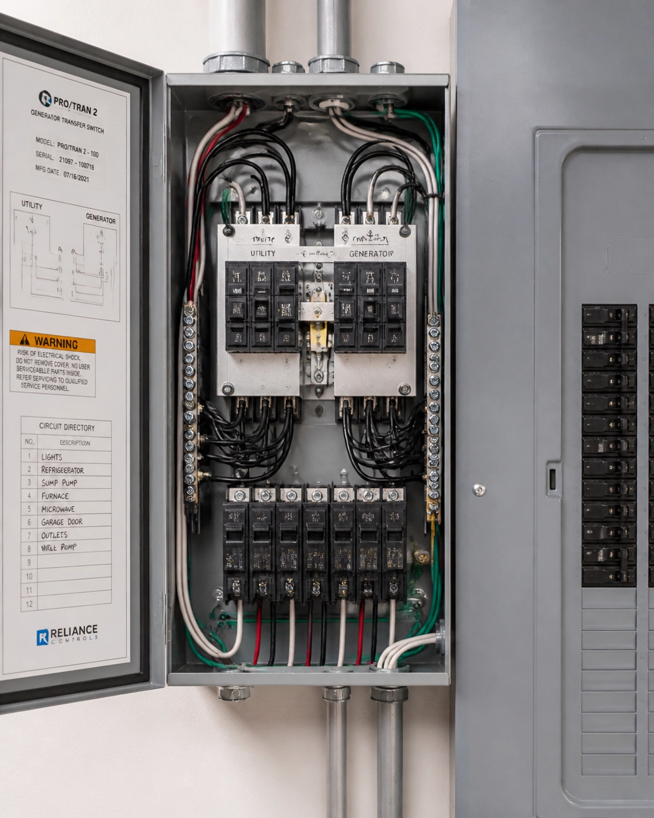 A close-up of a professionally installed generator transfer switch next to a residential electrical panel.